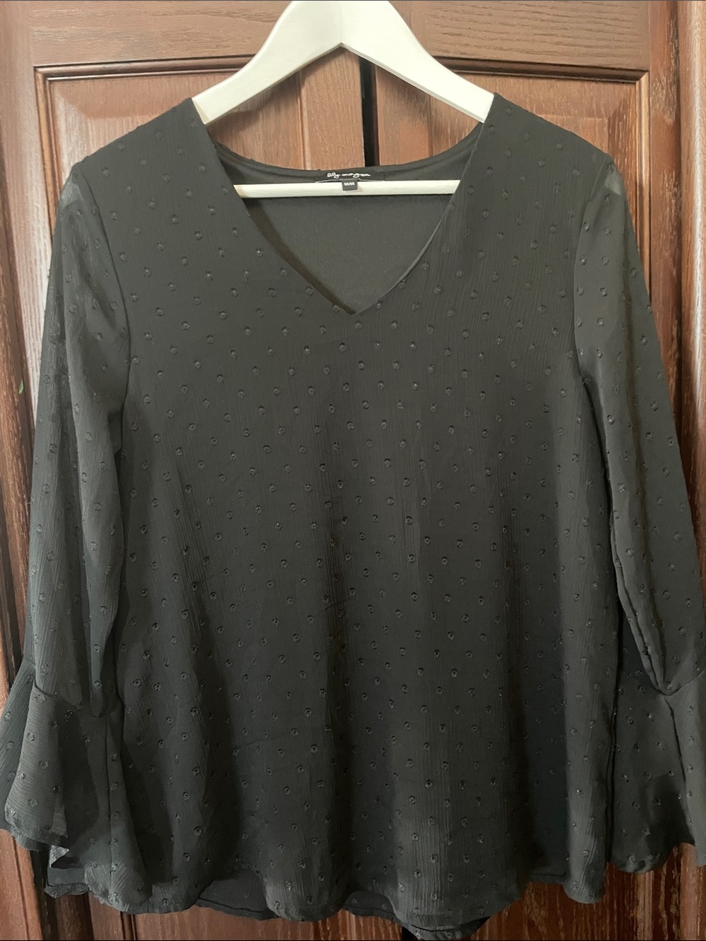 Black V-Neck Swiss Dot Blouse with Flared Sleeves